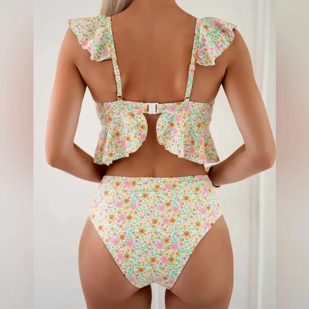Floral Flutter Bikini Set High Waisted Ruffle Top Spring Swim NWT - Picture 3 of 3